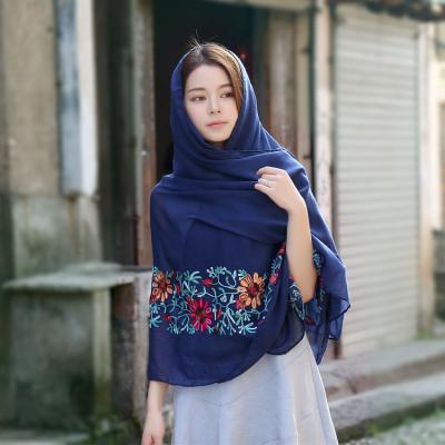 China Short Hair/Cotton Canvas/Spring and Autumn Scarf Sunscreen Shawl Monochrome/Interwoven Cotton New Product Fresh Literary Embroidery Cotton Scarf Retro for sale