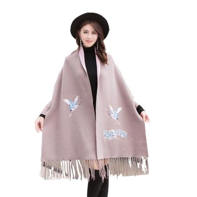 China 2021 Wholesale New Design Eco-friendly Crane Embroidery Women Winter Tassel Acrylic Double Sided Shawl for sale