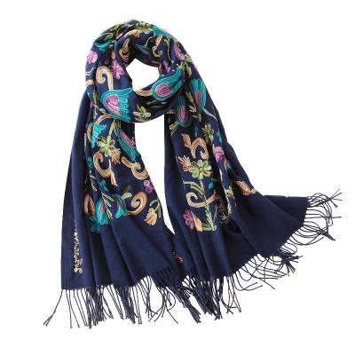 China 2021 female holiday decoration new solid color embroidery simulation cashmere scarf air conditioning shawl embroidered tassel warm shawl thick for sale