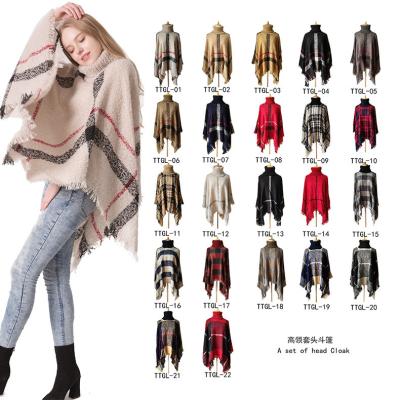 China New Arrival Plaid Fashion High Collar Plaid Tassel Coat Shawl Sweater Poncho For Women Winter High Collar Poncho For Women for sale