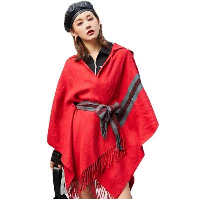 China Eco-Friendly New Arrival Colorful Striped Shawl Poncho With Sleeves Cashmere Cape Tassel Hooded Cloak Shawl Belt Wrap for sale