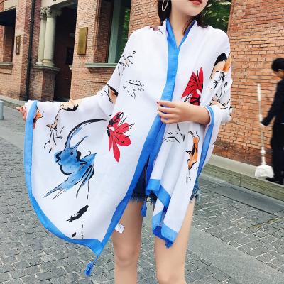 China Holiday Decoration Twill Cotton Beach Sunscreen Polyester Thin White Printed Blue-Rimmed Scarf for sale