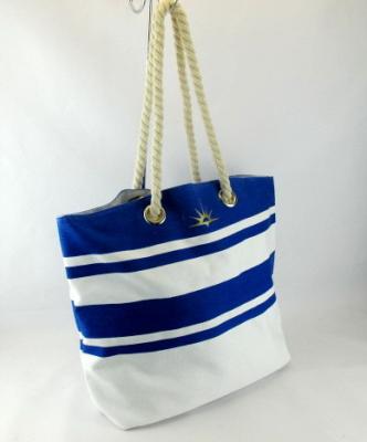 China TOTE BAG Navy Stripe Cotton Canvas Beach Bag With Cotton Rope Handle for sale