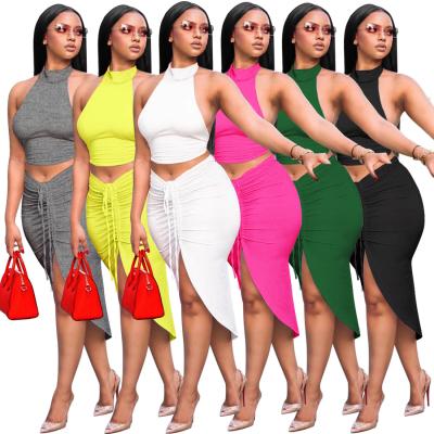 China QUICK DRY Women's Neck Suit Solid Curvy Women's Backless Drawstring Top Skirt Suit for sale