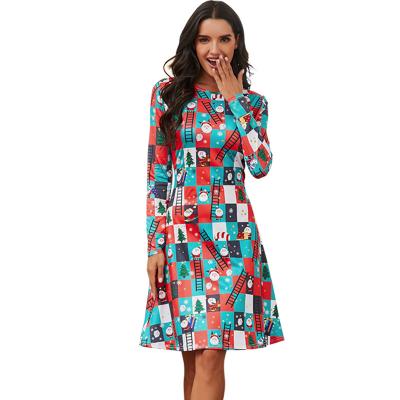 China New Anti-wrinkle Women's Round Neck High Waist Plaid Printed Long Sleeve Dress Women's One-Line Dress for sale