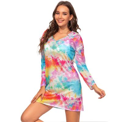 China New Perspective Color Dye Tie Dress Women's Long Sleeve V-Neck Breathable Dress Women's Dress for sale