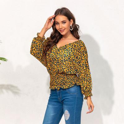 China New QUICK DRY Floral Women's Closure Women's Long Sleeve Deep V-Neck Top T-Shirt for sale