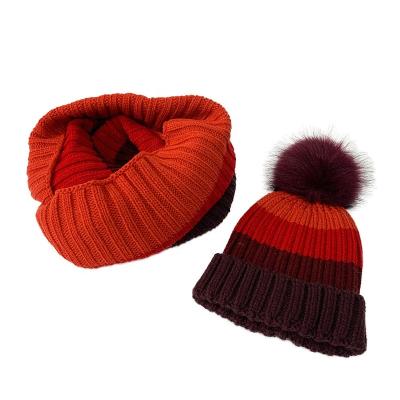 China Stylish newest set ladies deep knit stylish warm scarf neck warmer and beanie set with big fur pom pom for sale