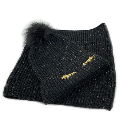 China Newest 2 Piece Set Amazon Winter Stripe Skullcap And Snood Embroidered Gold Lurex Knit Hat For Women for sale