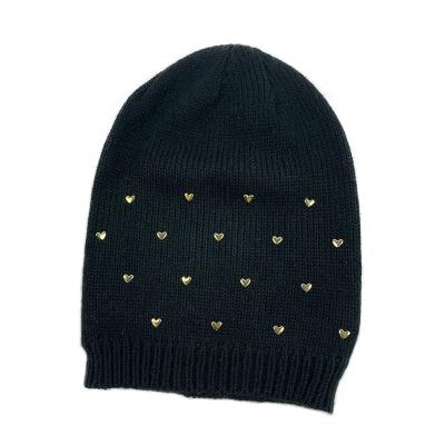 China Women COMMON Headwear Heart Rhinestone Lightweight Knitted Skullcap Shape Long For Winter for sale