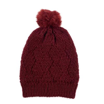 China Custom Wholesale COMMON Fur Ball Rhombus Shape Knitted Winter Beanie Warmer Hat For Women for sale