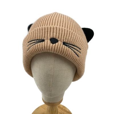 China Factory COMMON baby winter knitted warm cat design embroidery funny skullcap custom hat for baby for sale