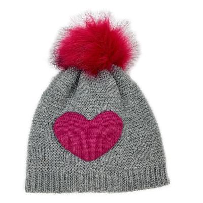 China COMMON unique heart design hand sewn acrylic beanie filling hat with faux pom pom and teddy lining for sale