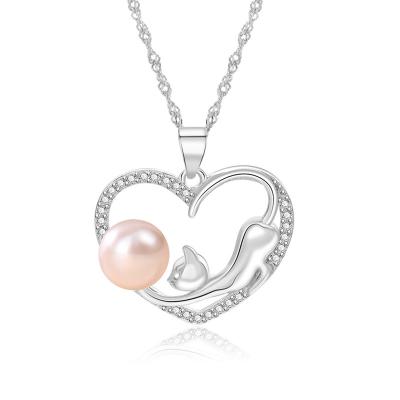 China FASHION Jewelry Cat Cubic Zirconia Necklace Sterling Silver 925 Niche Design For Women Big Heart Bead Pendant for sale