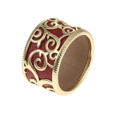 China Reversible Interchangeable PU Leather 12MM Gold / Sliver Plating Flower Shaped Brass Rings Rounded Hollow Ring Woman Leather Jewelry for sale