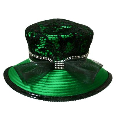 China Black & Green Lace Covered Satin Braid Ladies' Church Hats Big Crown church dresses for sale