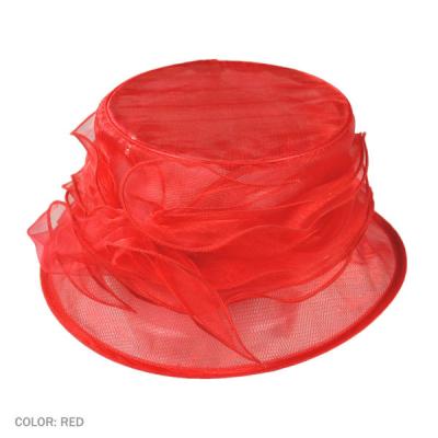 China Packable rojo y sombrero aplastante de la organza del poliéster de la moda para las mujeres con la muñequera del satén en venta