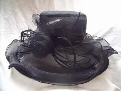 China Fashion Black 100% Polyester Organza Hats With Two Layers Of Flying, Drawstring Sweatband for sale