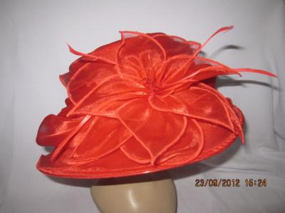 China Sombrero rojo de la organza de la moda de las señoras con la flor del lirio y plumas de Coque para la ocasión especial en venta