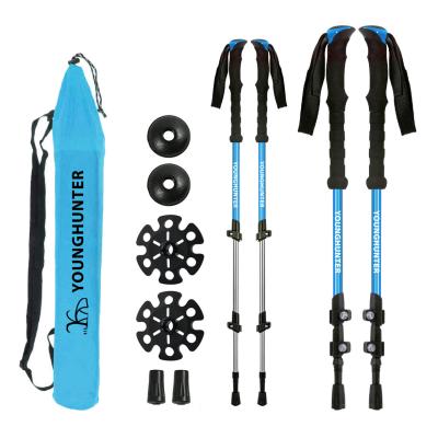 China Section 6061 Folding Telescopic Portable Ultralight Aluminum Camping Pole 3 Survival Climbing Shock Grip Pole Survival Walking Stick for sale