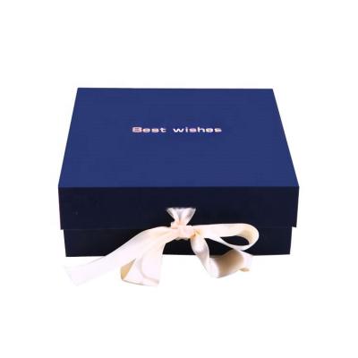 China High Quality Recyclable Custom Jewelry Designs Wedding Gift Box Navy Blue Ribbon Folding Box for sale