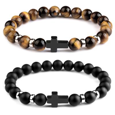 China CLASSIC Handmade Natural Tiger Eye Agate Howlite Beads Black Cross Bracelet Charm Men Bracelet for sale