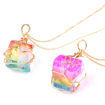 China Stone Chanfar Charm Drop Irregular Geometric Colorful Natural Stone Pendant Necklace for sale