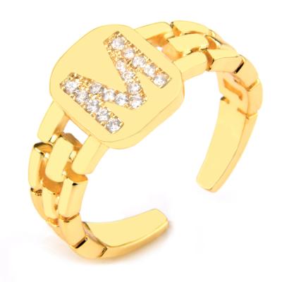 China Hiphop Gold Plated Hip Hop Crystal 26 Alphabet Letter Initial Resizable Chain Rings For Women And Men for sale