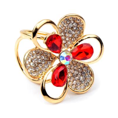 China Decoration Temperament Hollowed Flower Jewelry Accessories Crystal Three Rings Silk Scarf Clasp Red Brooch for sale