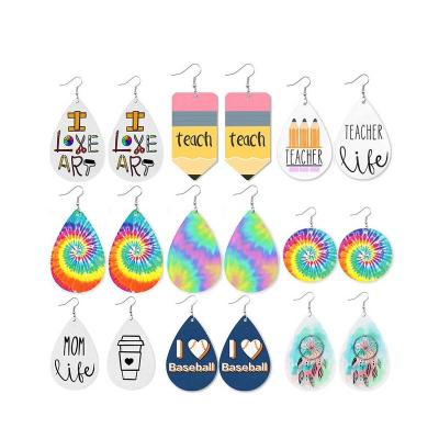 China Creative Funny Colorful Patterned Leather Drop Earrings Environmental Friendly Women Light Weight Inspire To Teach Faux Leather Earrings for sale