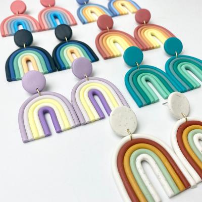 China Fashion Environmental Friendly Rainbow Colors U Shape Polymer Clay Earring Polymer Handmade Long Drop Clay Earrings Jewelry for sale