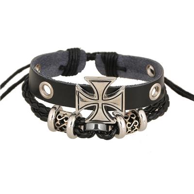 China Environmental Fashion Style Alloy Punk Cross Charm Woven Leather Bracelet Cowhide Leather Braided Antique Rome Black Bracelet for sale