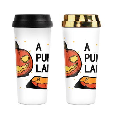 China White Double Walled Plastic Tumbler Halloween Funny Pumpkin Exclusive Printing Plastic Designer Cup 16oz Coffee Mugs for sale