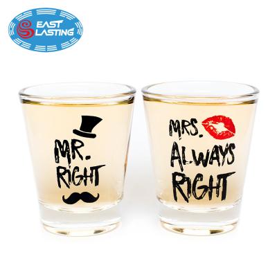 China Funny Wedding Gifts Marry Mr. Right and Mrs. Always Right Novelty Gift Guests Souvenirs Custom Made Shot Glasses for sale