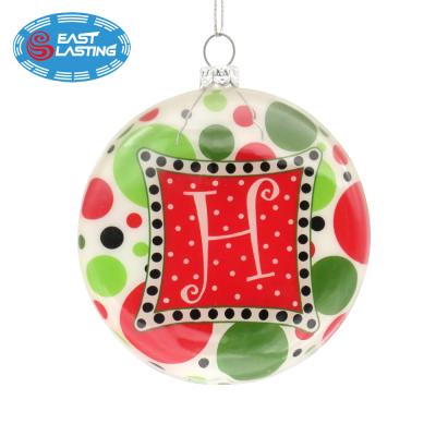 China Hand Painted Initial Flat Round Christmas Glass Ball Ornaments , Hanging Christmas Baubles for sale