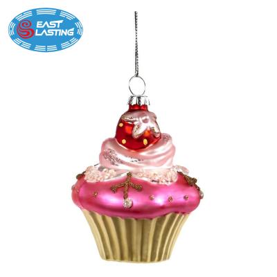 China Christmas Tree Decoration Colorful And Glittery Delicious Cupcake Decorated Glass Baubles For Christmas Tree Decoration for sale