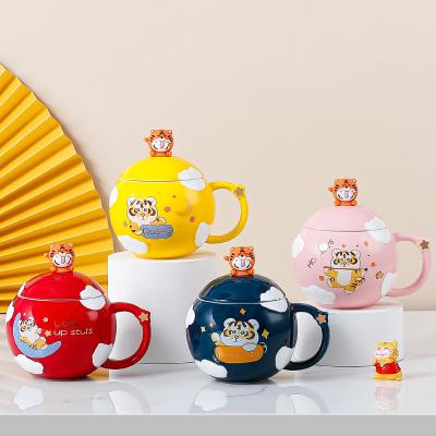 China Tiger Year Ceramic Cup Viable Mug Accompanying Ceremony Creative Cartoon Mug Cover Spoon Cup Gift Home Wholesale for sale