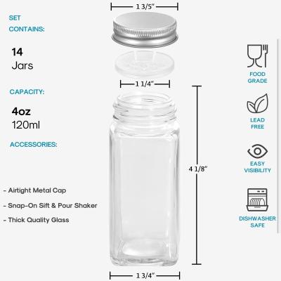 China Freshness Preservation 4oz square glass spice jar shaker lid airtight metal covers Spice Jars Glass Spice Jars Bottles 4 Ounce Square Bottles w/labels for sale