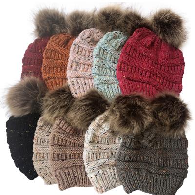 China COMMON Wholesale Spotted Warm Winter Mixed Cashmere Wool Cotton Flip Flop Hats Beanies Hats With Pom Pom for sale