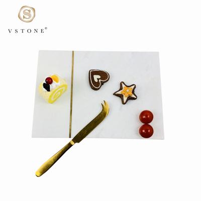 China Cheese Viable White Marble Panel Mat Place Chopper With Inlaid Copper Strip for sale