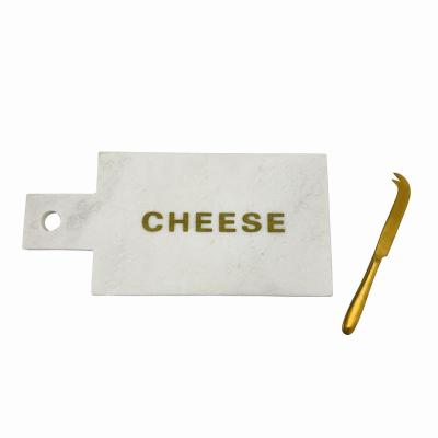 China Sustainable Hot Selling Natural White Marble Cheese Serving Board Set Stone Snack Dish With Golden LOGO And Cheese Knife for sale