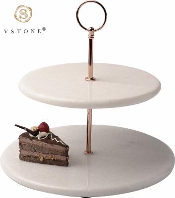 China High Quality Luxury Natural Stone Cake White Marble Two Tier Stand Viable Set For Tableware Or Wedding for sale