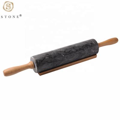 China Sustainable Rolling Pin Marble Stone Rolling Pizza Pin With Wooden Base For Baking for sale