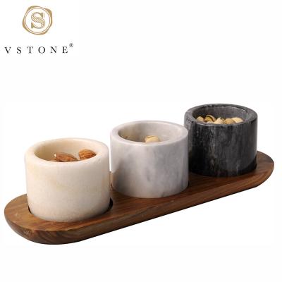 China Disposable 3pcs Marble Pinch Pot and Mini Bowl With Wood Acacia/Marble Serving Tray Base for sale