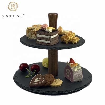 China Natural Black Wedding Sustainable Stone Two Tiers Round Slate Cake Stand With Acacia Wood Stand for sale