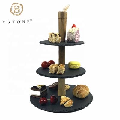 China Sustainable Natural Black Wedding Decorating Stone 3 Tiers Round Slate Cake Stand With Acacia Wood Stand for sale