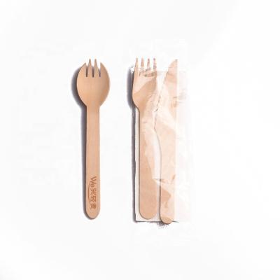 China Disposable Individual Plastic Bag Packing Wooden Spork Fork Knife Set for sale