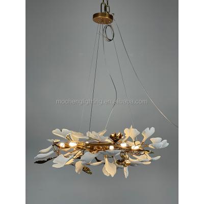 China Modern Nordic Luxury Living Room Restaurant Decorated with Copper Chandelier Modern Ceramic Ginkgo Leaf Pendant Light for sale