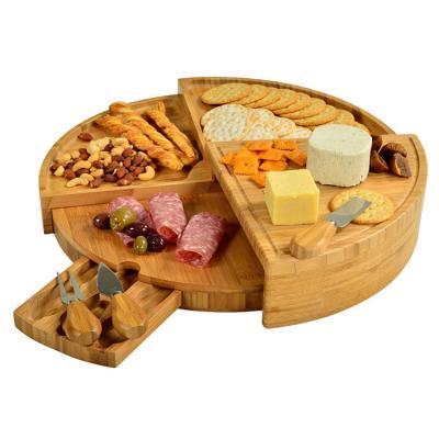 China Sustainable Modern Cheese Dish Round Wooden Cheese Dish Bamboo Cutting Chopping Board With Knife For Home for sale