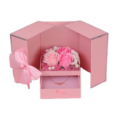 China Recyclable Flower Box Double Door Valentine's Day Drawer Box With Ribbon Flower Custom Wholesale Eternal Jewelry Box for sale